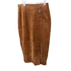 Casual Corner Vintage Brown Suede Leather Midi Skirt Side Button Size 4